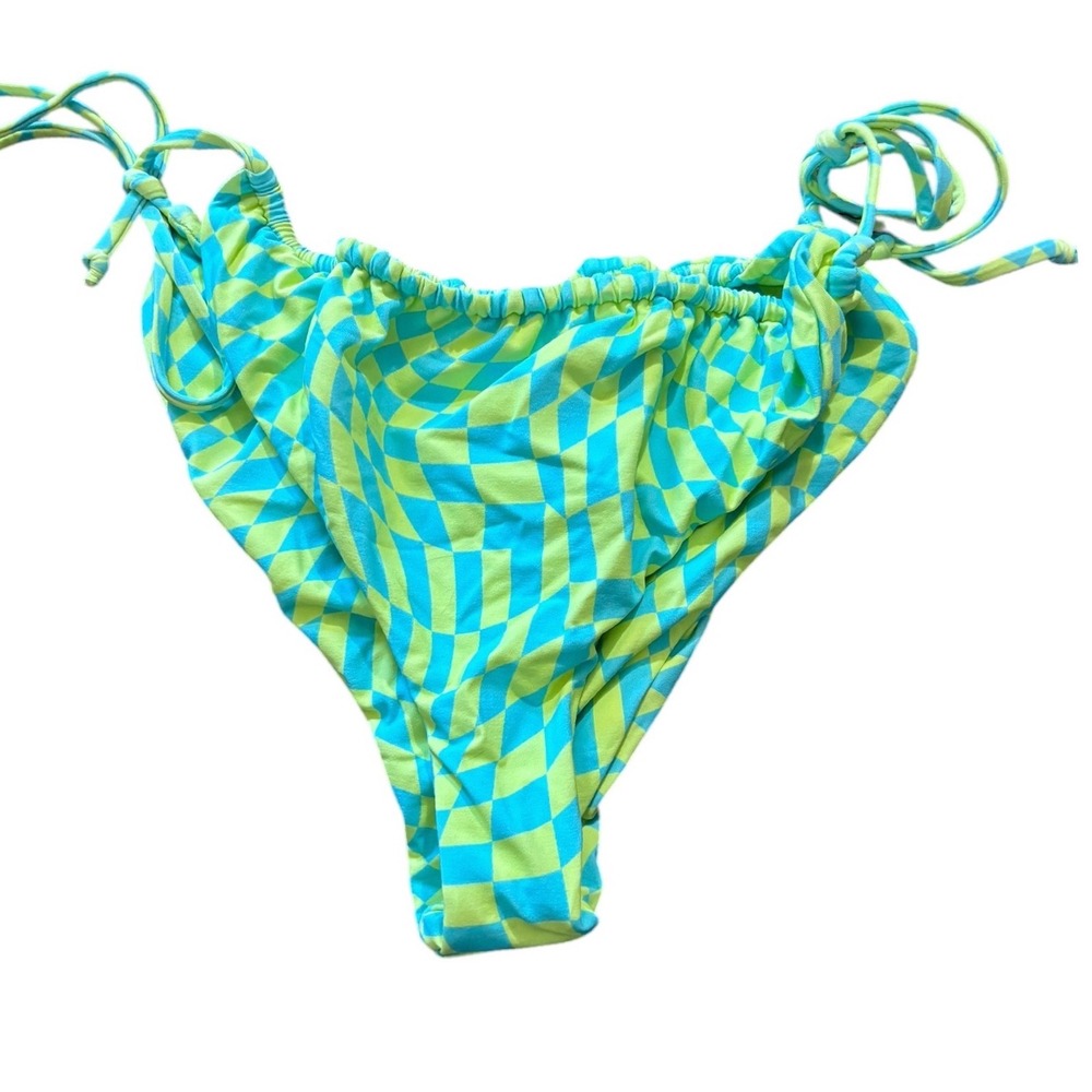 Its Now Cool The Gathered Tie‎ Pant Lime Wave Cheque Bikini Bottom Large NWT